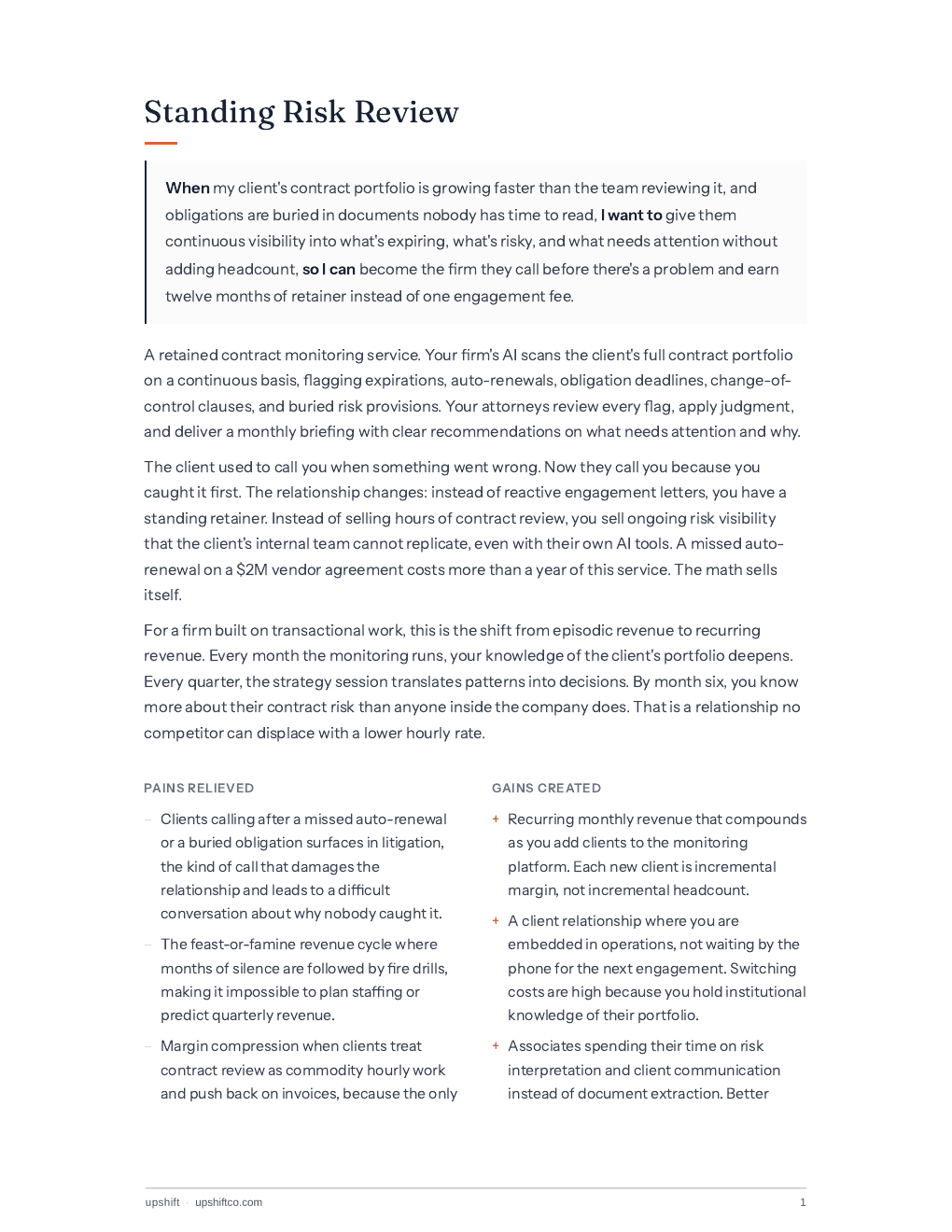 Sample Standing Risk Review content page with service definition, pains relieved, and gains created